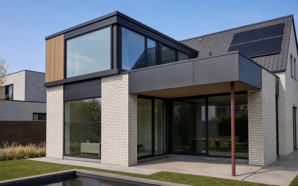 Afgewerkte moderne woning met aluminium gevel- en dakrandafwerking