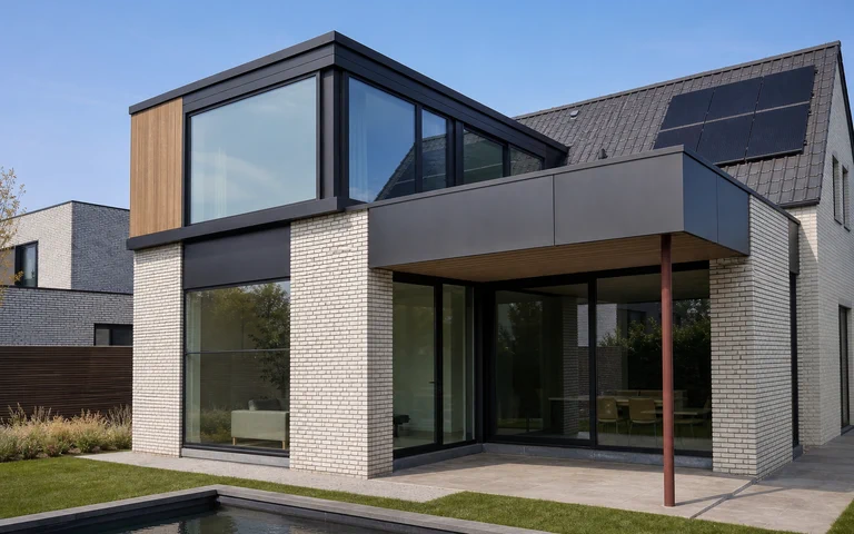 Afgewerkte moderne woning met aluminium gevel- en dakrandafwerking