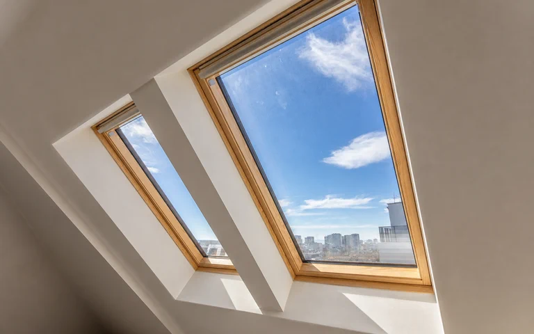 Strakke witte binnenafwerking rond twee houten dakramen