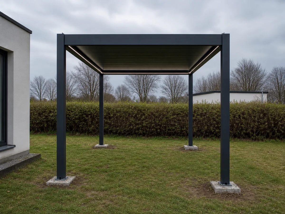 Vrijstaand donker aluminium lamellendak met geïntegreerde lijnverlichting