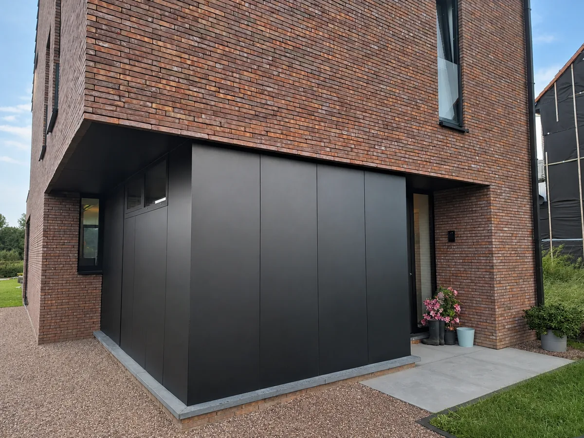 Donker aluminium plooiwerk op maat onder de bakstenen verdieping van een woning