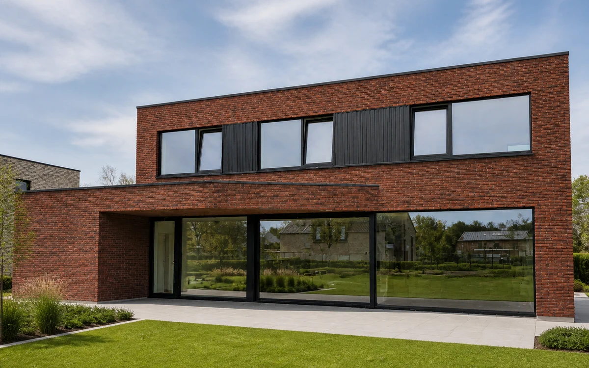 Afgewerkte hedendaagse woning met brede zwarte schuifpuien