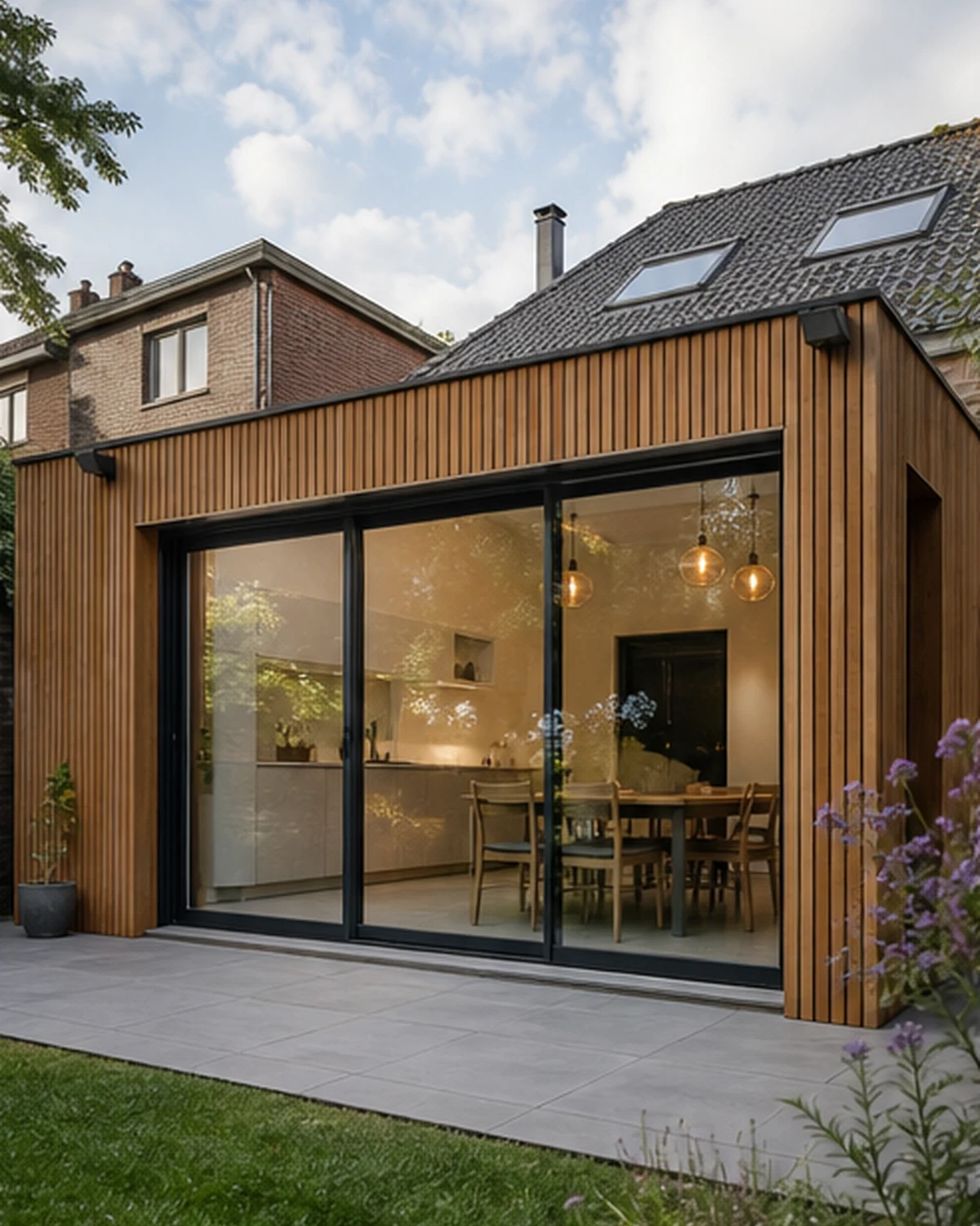 Houtbeklede aanbouw met grote aluminium schuifdeuren