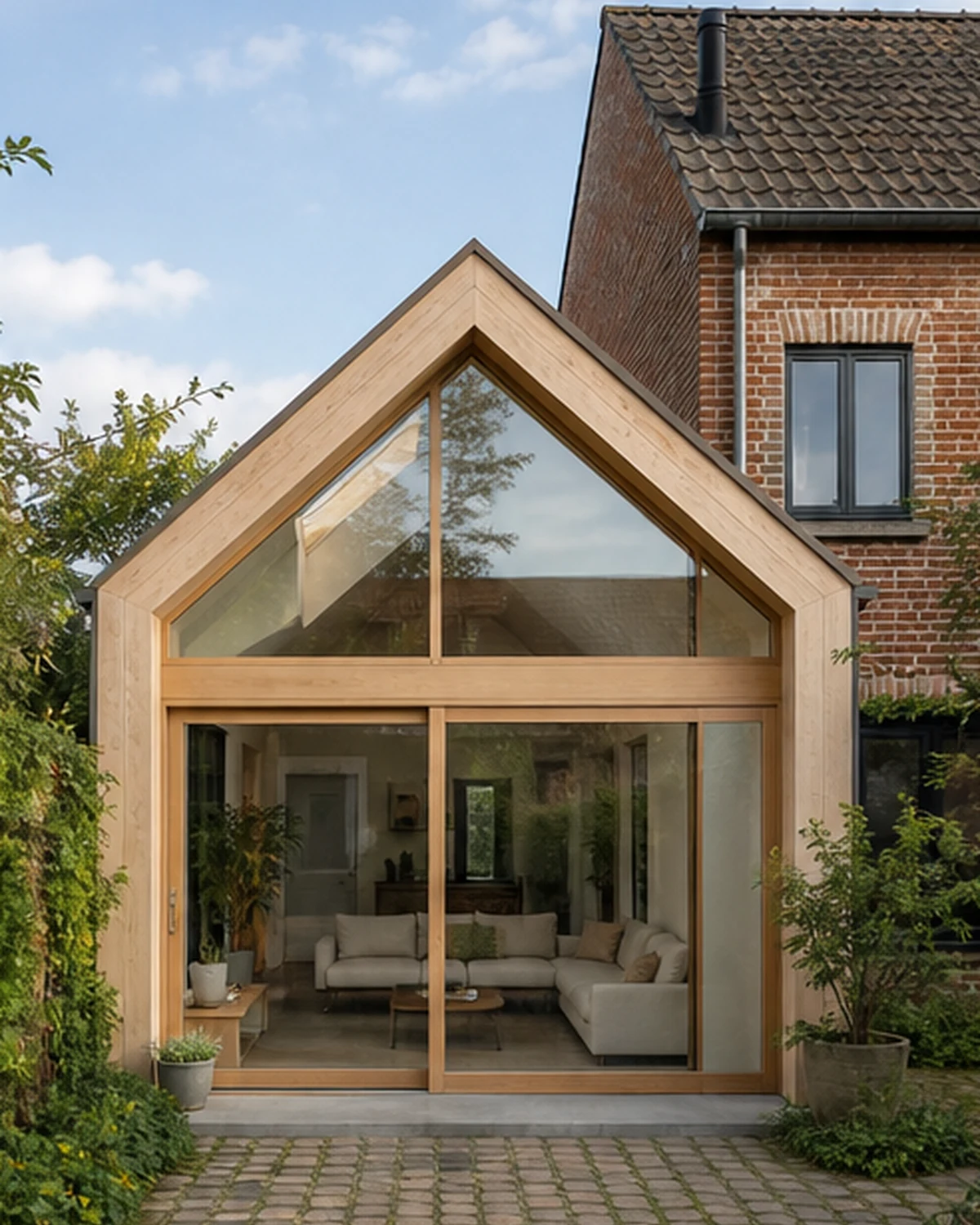 Lichte houtskeletuitbreiding tegen een bestaande baksteenwoning