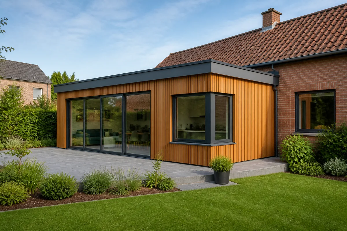 Afgewerkte gelijkvloerse aanbouw met houten gevelbekleding en aluminium ramen