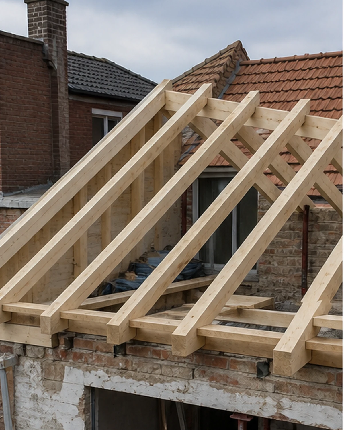 Nieuwe houten kepers boven een bestaande aanbouw