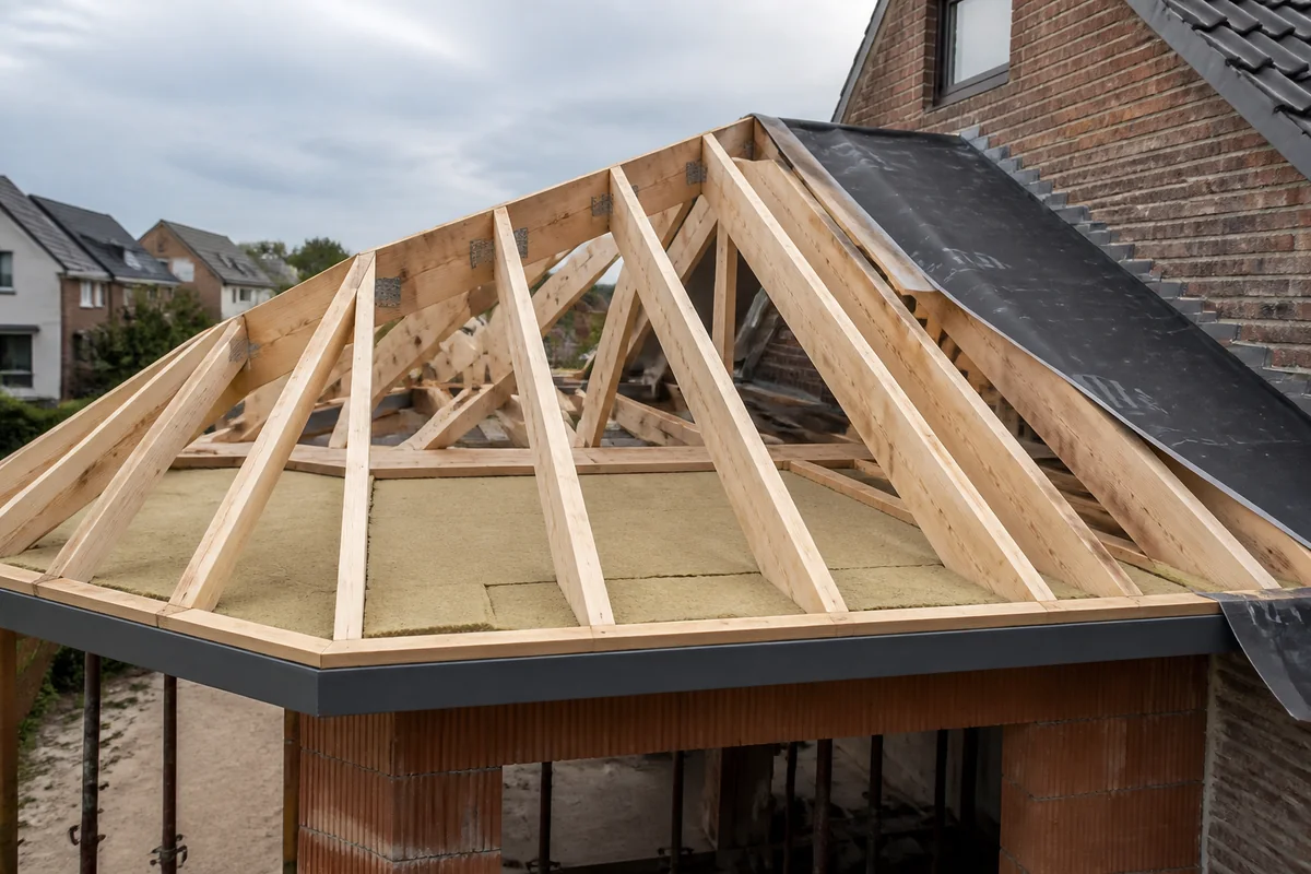 Nieuwe houten dakconstructie met isolatie en waterdichtingsmembraan