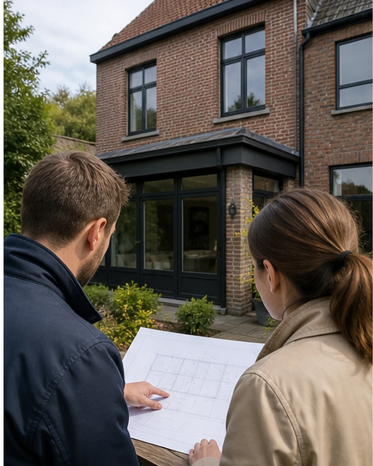 Bespreking van een aanbouw met plannen bij de bestaande woning