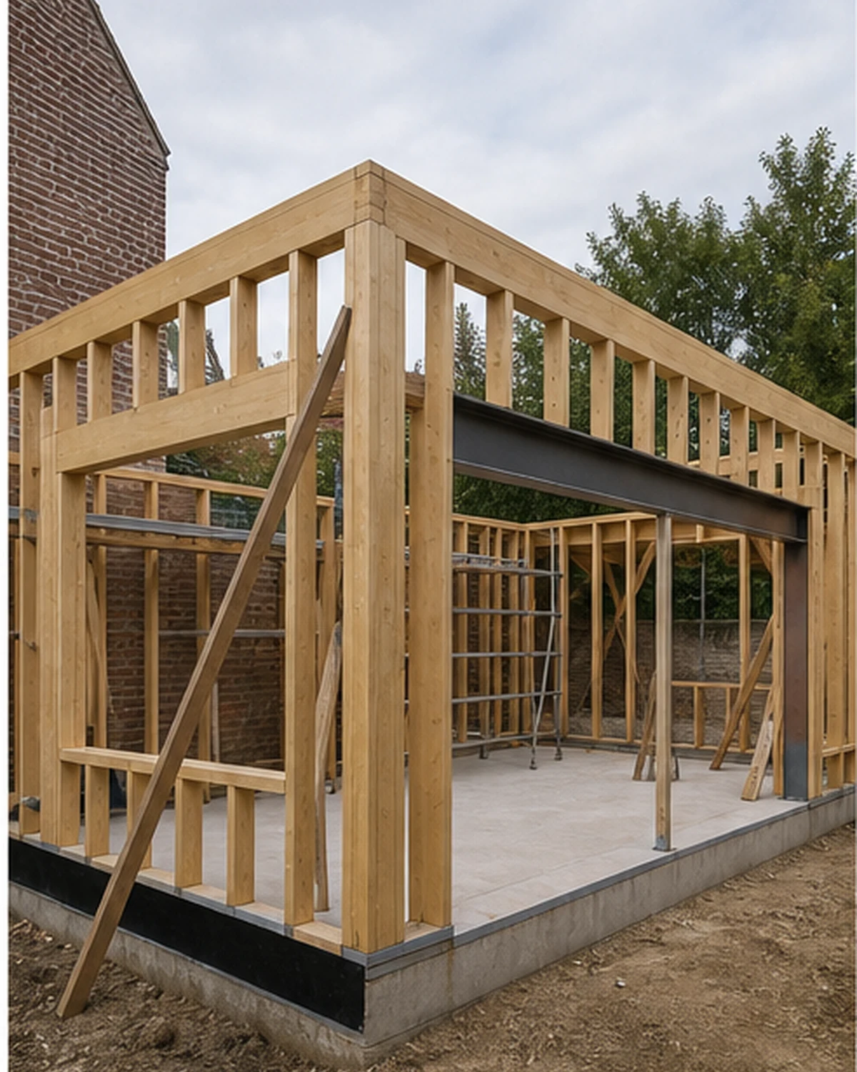 Houtskelet van een aanbouw tijdens de ruwbouwfase