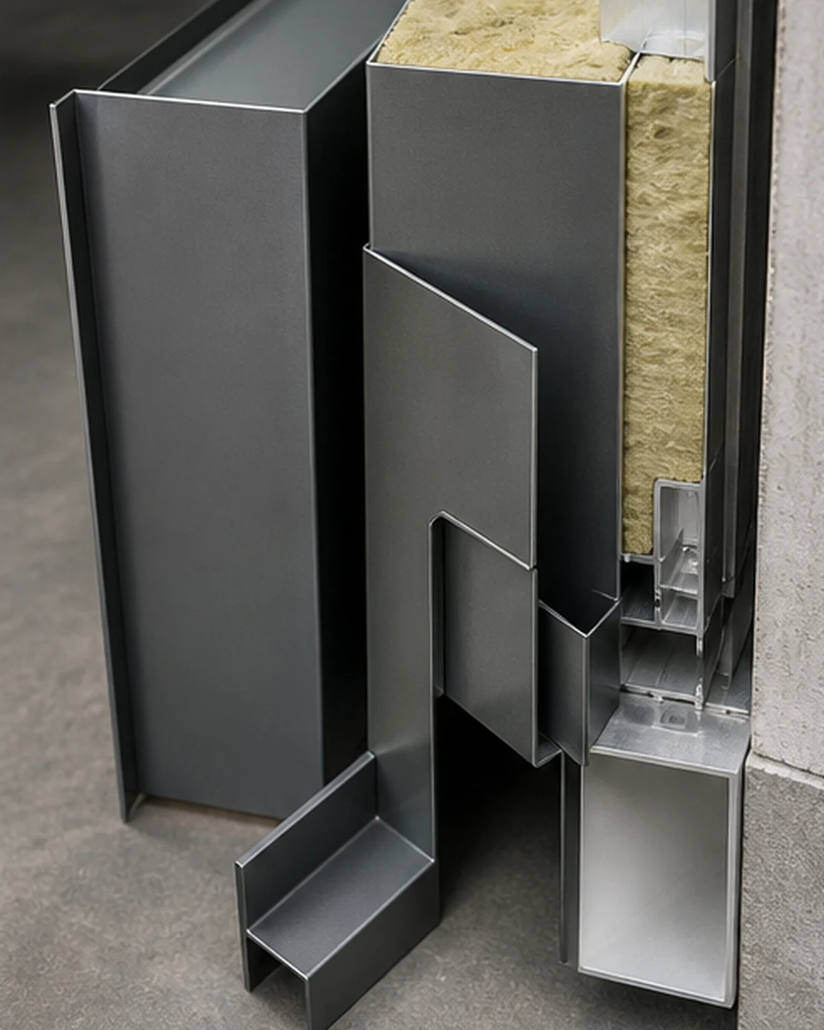 Detail van geplooide aluminium profielen bij isolatie en gevelaansluiting