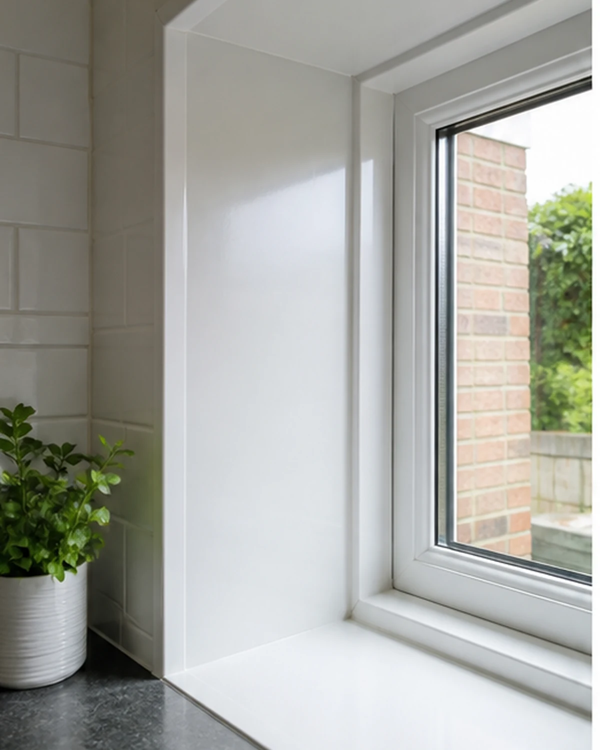Witte PVC raamuitbekleding in een lichte keuken