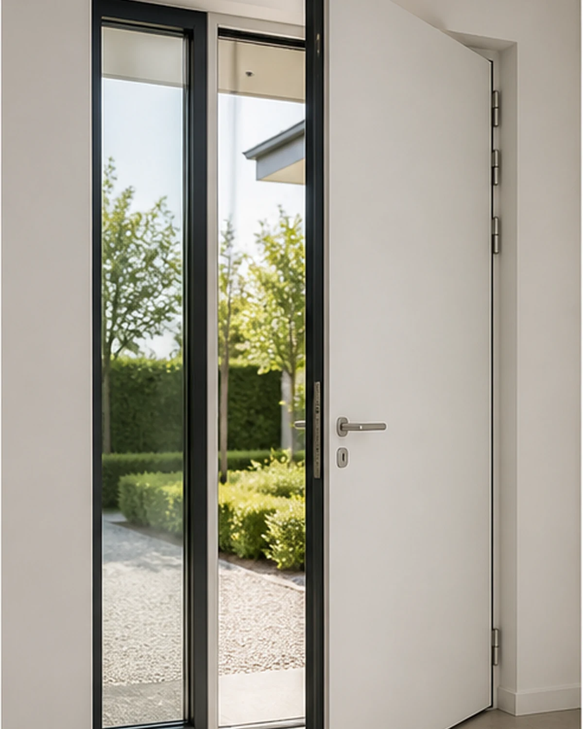 Bicolor aluminium deur met witte binnenzijde en donker kader