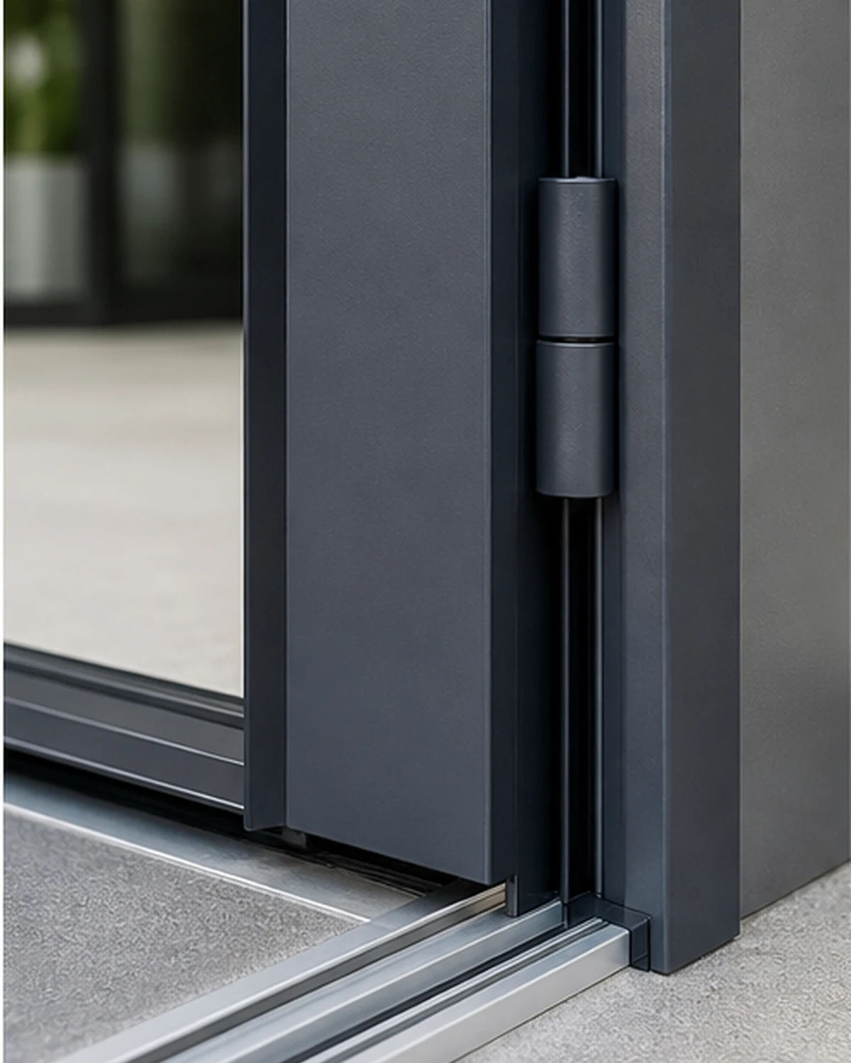 Detail van aluminium deurprofiel, scharnier en lage drempel