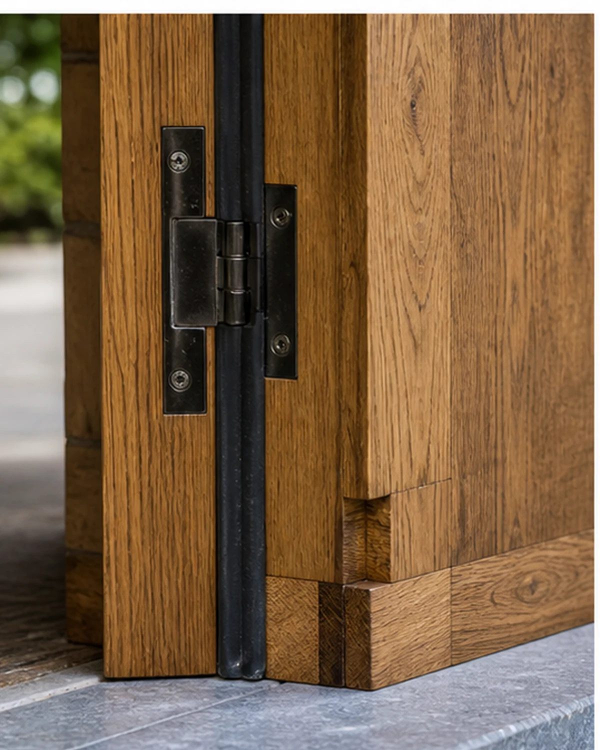 Detail van houten deurverbinding, scharnier en zichtbare nerf