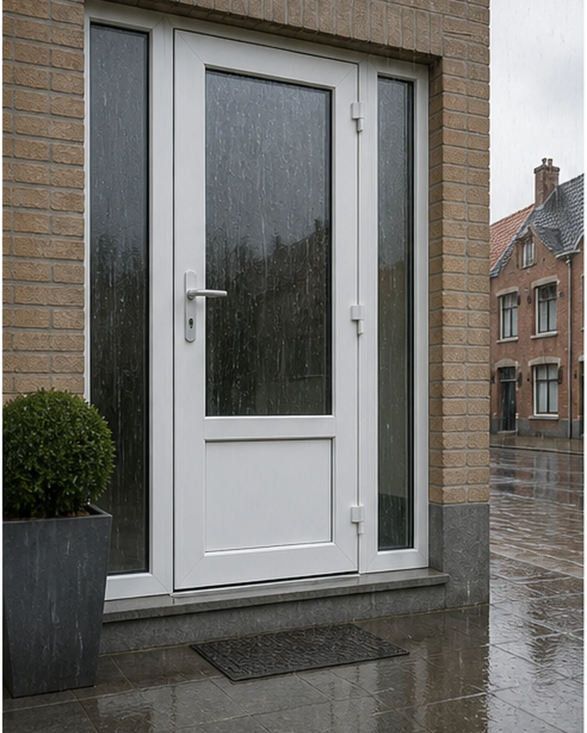 Weerbestendige witte PVC voordeur met isolerende beglazing