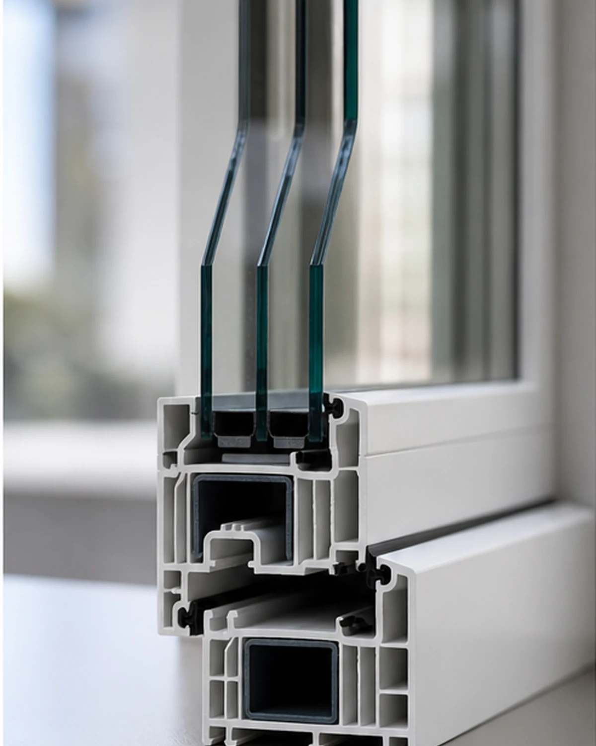 Detail van meerkamerprofiel en driedubbele beglazing in een PVC raam