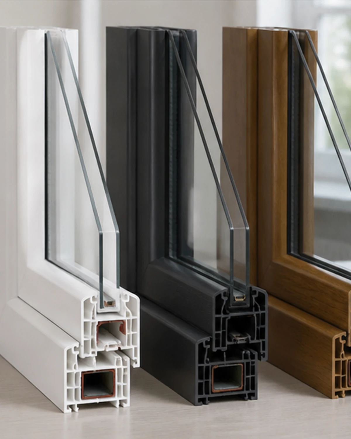 Detail van witte, donkere en houtlook PVC profielafwerkingen