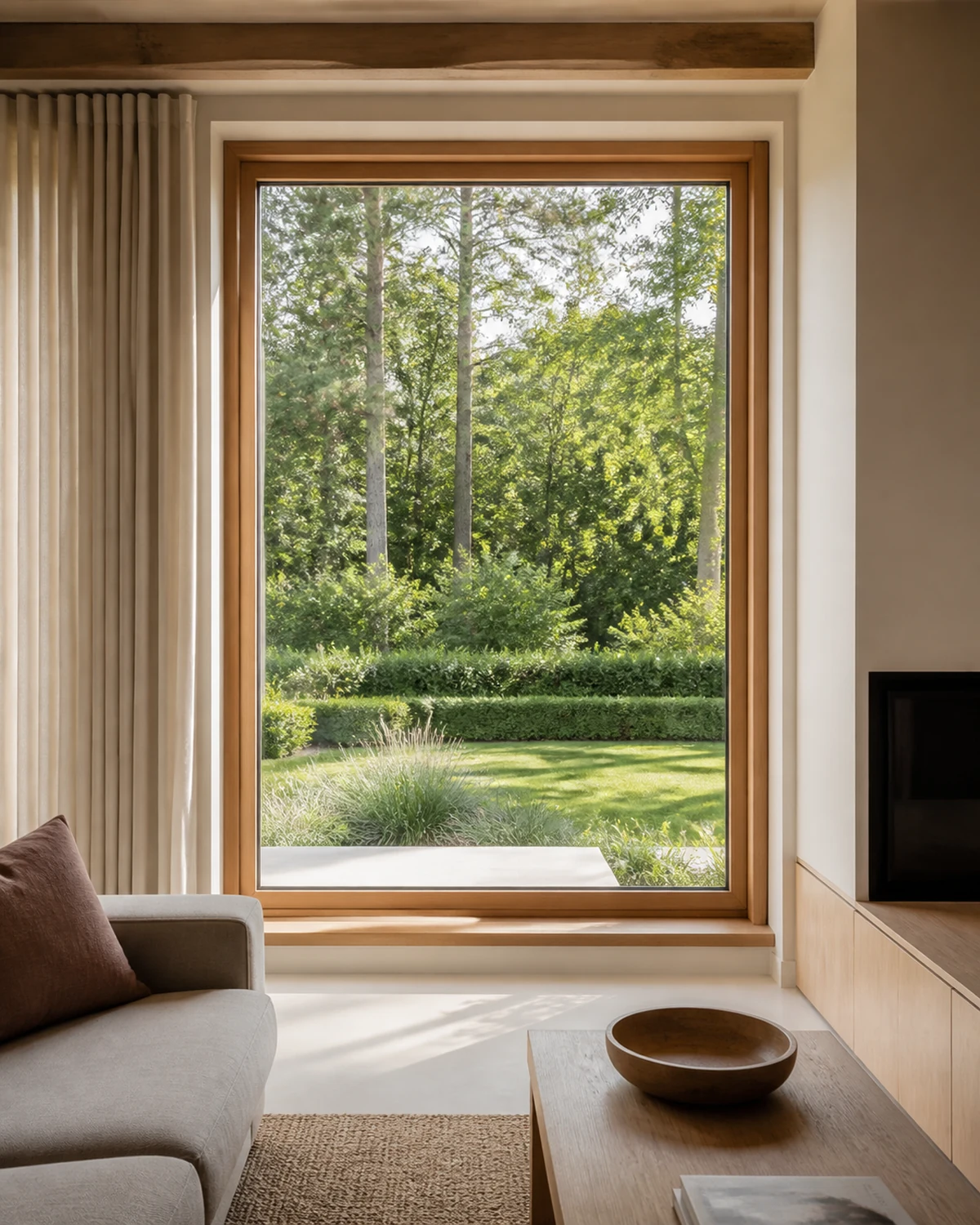 Modern houten raam met breed eiken kader vanuit het interieur