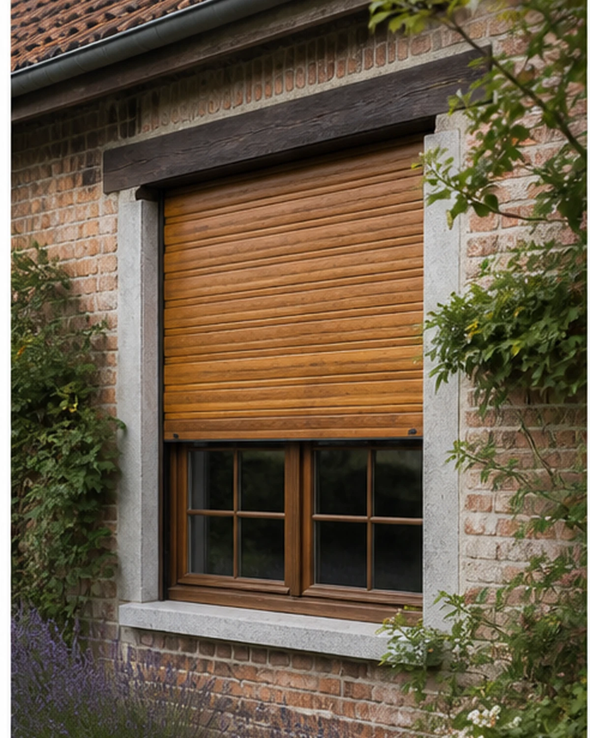 Houten rolluik met eiken lamellen aan een landelijke gevel