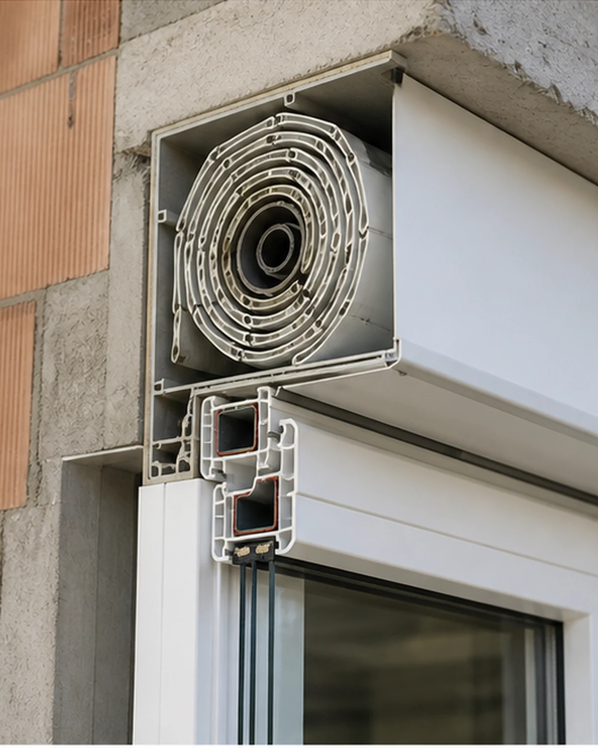 Doorsnededetail van rolluikkast die boven op het PVC raam aansluit