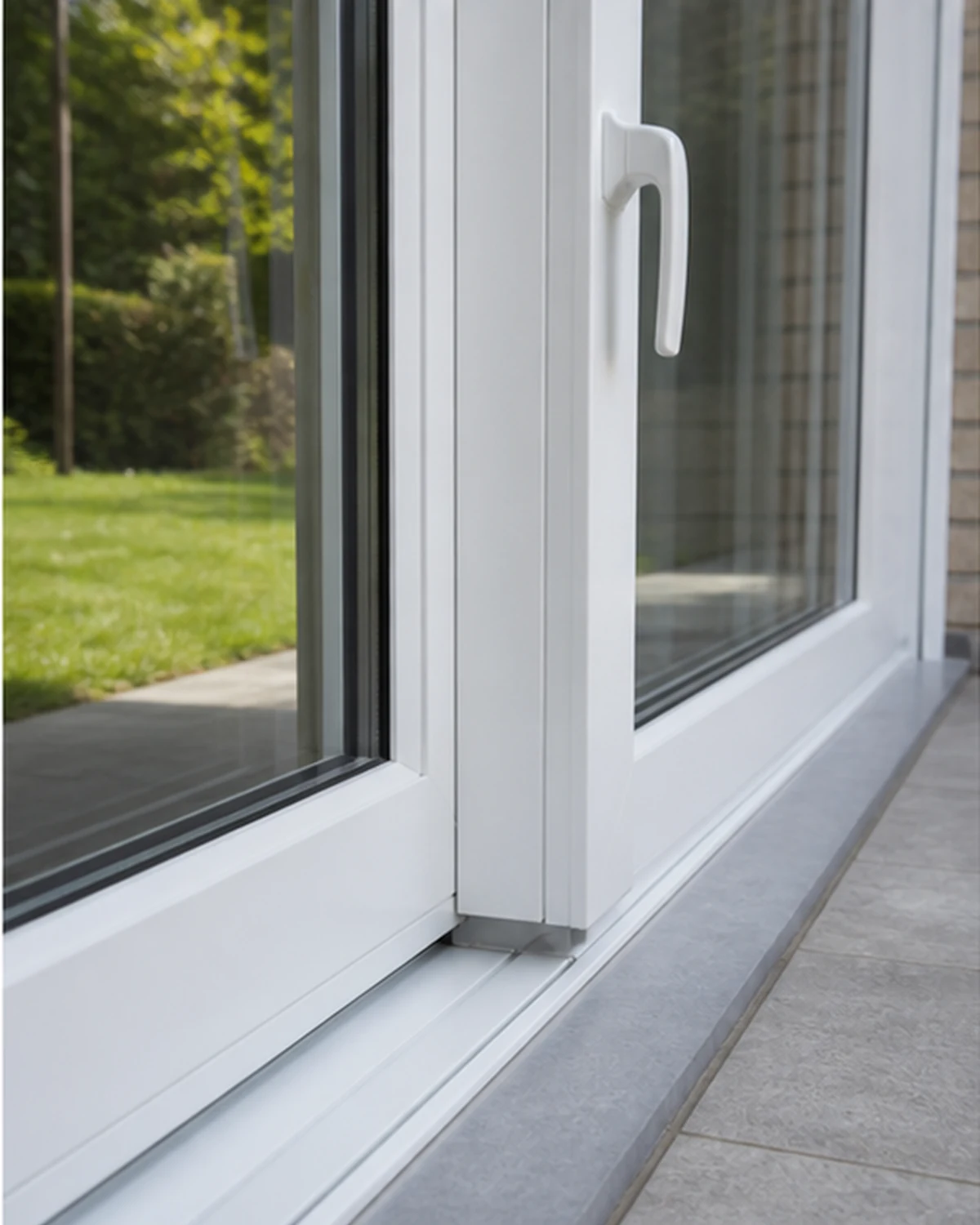 Detail van PVC middenstijl, handgreep en lage schuifrail