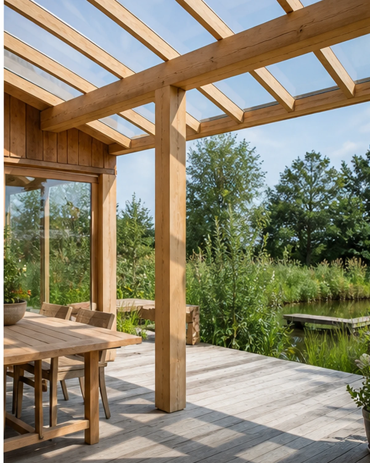 Moderne houten pergola met lichtdoorlatend dak