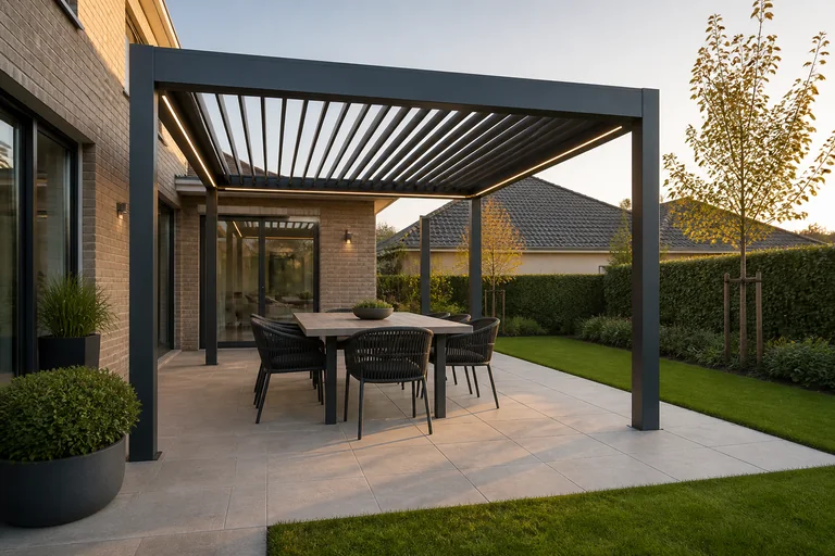 Antraciete aluminium terrasoverkapping met verstelbare lamellen