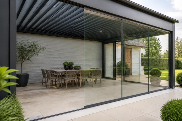 Glazen schuifwand lange zijde voor pergola 4000 × 3000 mm