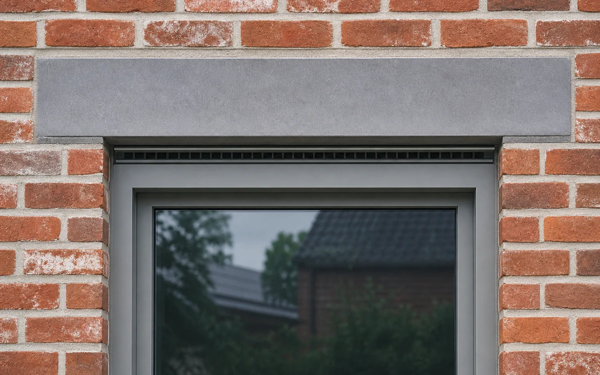 Grijs raam met een geïntegreerd ventilatierooster in een bakstenen gevel