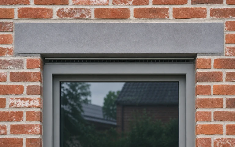 Grijs raam met een geïntegreerd ventilatierooster in een bakstenen gevel